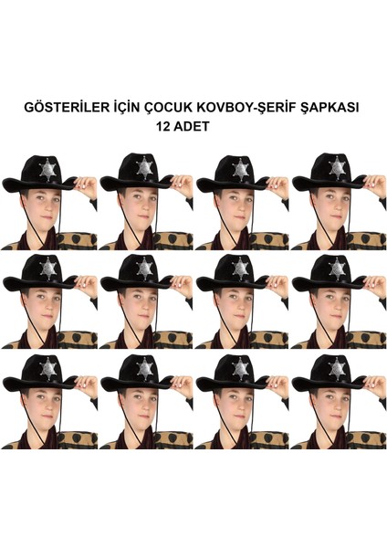 Kovboy Şerif Şapkası Siyah 12 Adet - Kostüm, Parti ve Gösteri Şapkası