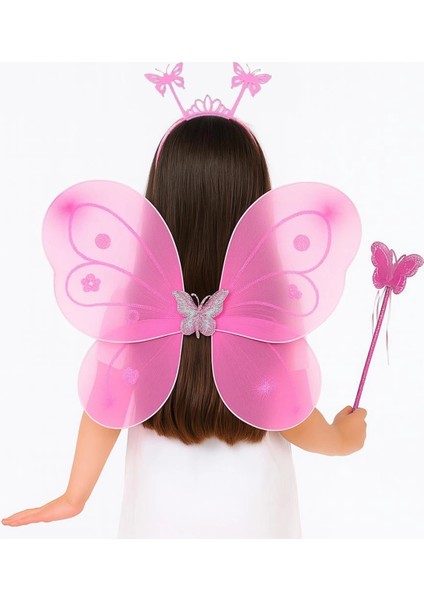 Pembe Kelebek Kız Seti – 50 cm Kelebek Kanadı, Taç ve Asa