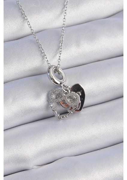 Bfs 316L Çelik Gümüş Renk Zirkon Taşlı Sonsuzluk Kalp Figür Charm Model Kadın Kolye