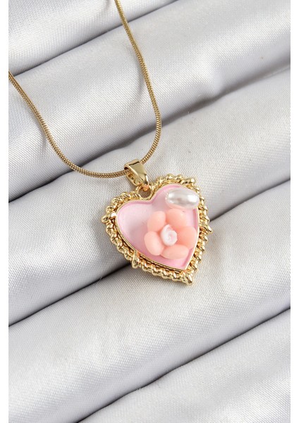 Bfs 316L Çelik Zincir Pembe Sanatsal Portre Inci Detaylı Papatya Figürlü Kalp Model Gold Renk K