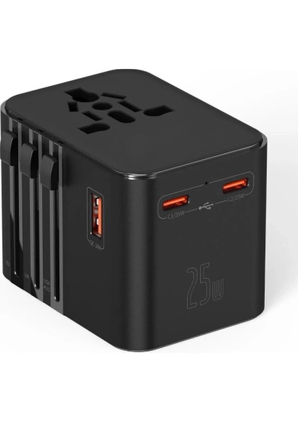 25W Evrensel Seyahat Adaptörü, Eu/us/uk/au Priz Dönüştürücü, 1x Usb, 2x Type-C Hızlı Şarj