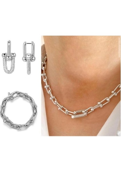 Paslanmaz Çelik Rodyum Kaplama Zirkon Taşlı Zincir Kolye & Bileklik Set - Sılver