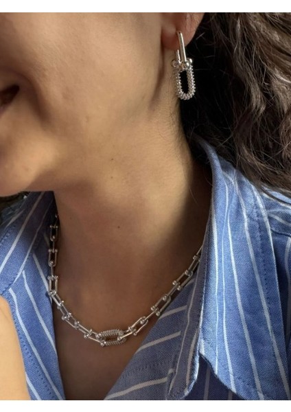 Paslanmaz Çelik Rodyum Kaplama Zirkon Taşlı Zincir Kolye & Bileklik Set - Sılver fiyatları