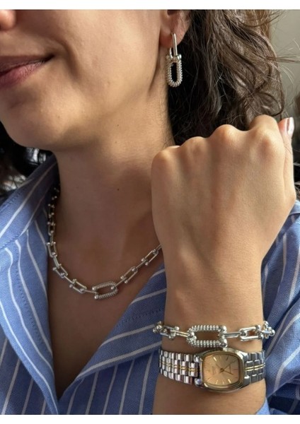 Paslanmaz Çelik Rodyum Kaplama Zirkon Taşlı Zincir Kolye & Bileklik Set - Sılver modelleri