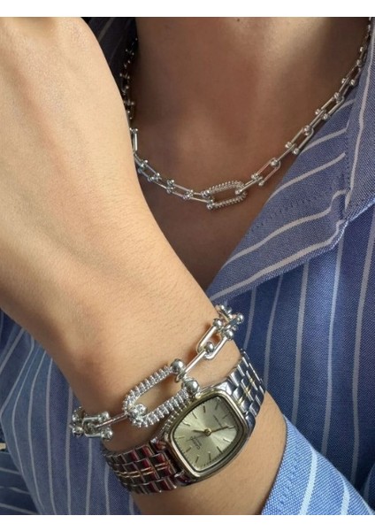 Paslanmaz Çelik Rodyum Kaplama Zirkon Taşlı Zincir Kolye & Bileklik Set - Sılver fırsatları