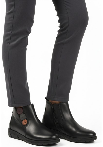 Siyah Hakiki Deri Kadın Düz Bot