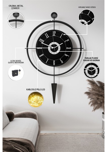 BlackBerry Lavinya (Kırılmaz)( Kablosuz Pilli LED ) - Chakra Dizayn - Metal (Mobilya) Duvar Saati fiyatları