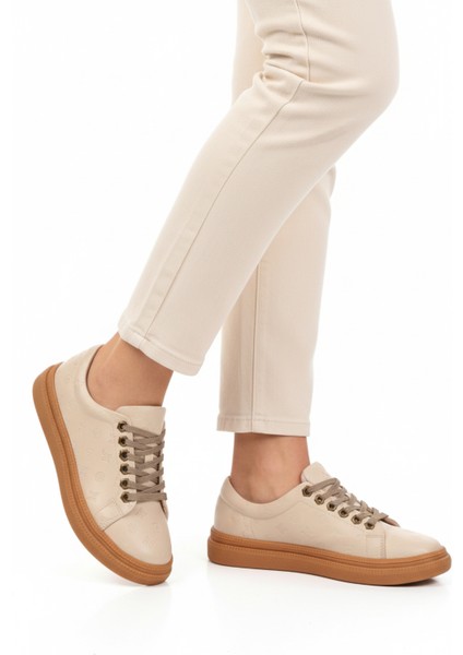 Krem Bağcıklı Kadın Casual Ayakkabı