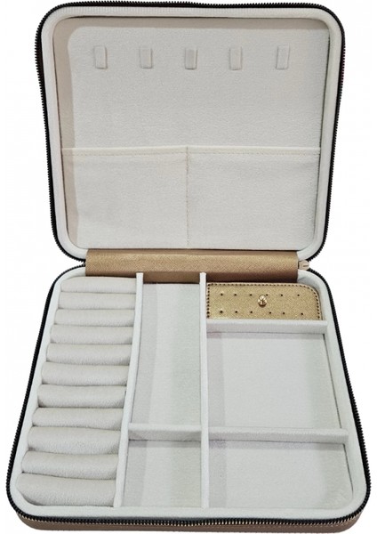Fermuarlı Deri (Ahşap Kasalı ) Jumbo Boy Takı, Seyahat ve Mücevher Çantası,kutusu BAKIR(24X26 Cm) modelleri