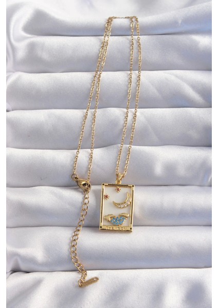 Bfs 316L Çelik Zincir Gold Renk Ay Detay Mavi Zirkon Taşlı Tarot Kolye fiyatları