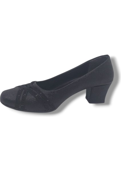 1002 Kadın Siyah Pırıltılı Taşlı Alçak Topuklu Ayakkabı modelleri
