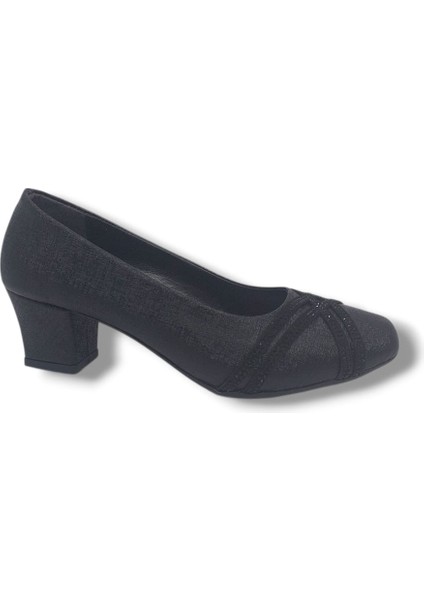 1002 Kadın Siyah Pırıltılı Taşlı Alçak Topuklu Ayakkabı fırsatları