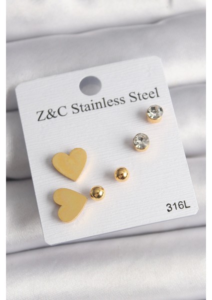 Bfs 316L Çelik Gold Renk Zirkon Taşlı Kalpli Kadın Küpe Seti