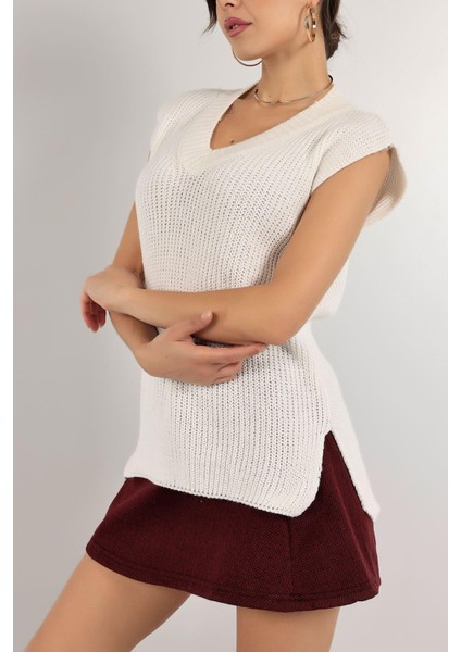Ekru Örme Kadın Triko, V Yaka Yırtmaçlı Selanik Örgü Bayan Süveter Boy 60 cm En 48 Cmdir fiyatları