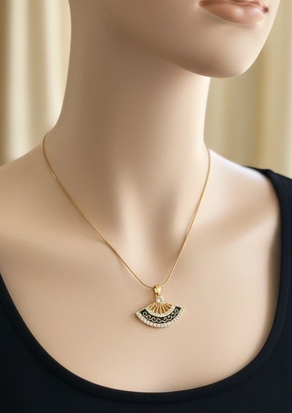 Yelpaze Model Siyah Taşlı Çelik Gold Kolye fiyatları