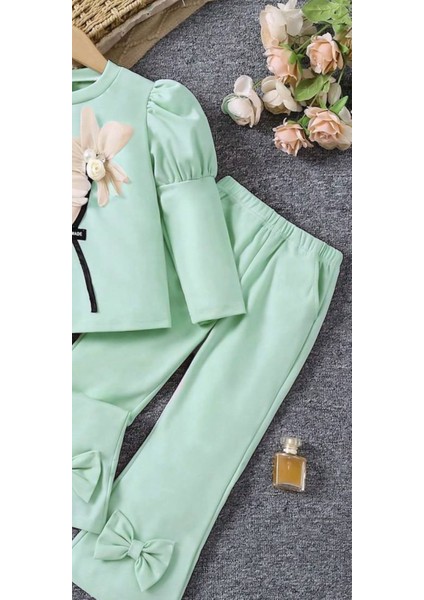 Kız Çocuk Çiçekli Fiyonklu Ikili Takım - %100 Pamuklu