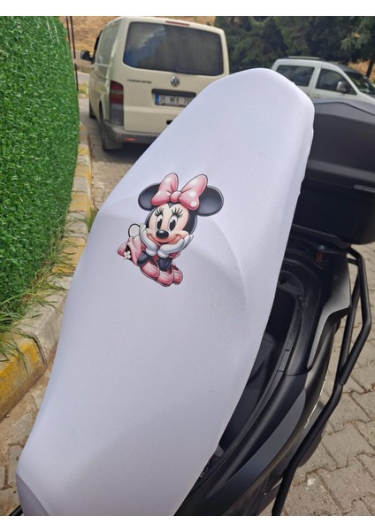 Minnie Mouse Desenli Beyaz Motosiklet Koltuk Kılıfı Ekonomik