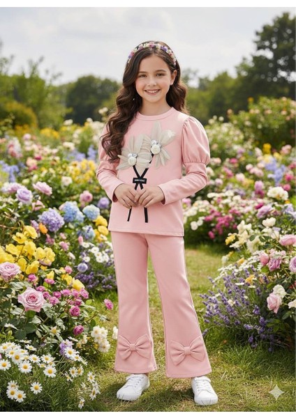 Kız Çocuk Çiçekli Fiyonklu Ikili Takım - %100 Pamuklu