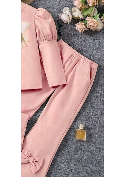 Kız Çocuk Çiçekli Fiyonklu Ikili Takım - %100 Pamuklu