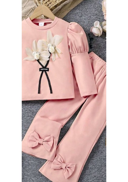 Kız Çocuk Çiçekli Fiyonklu Ikili Takım - %100 Pamuklu