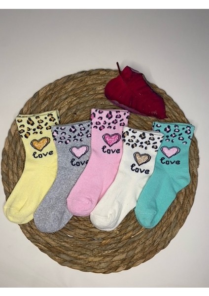 5 Çift Kalp & Leopar Desenli Bebek & Çocuk Çorabı Okul & Gündelik Çorap