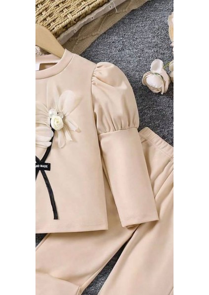 Kız Çocuk Çiçekli Fiyonklu Ikili Takım - %100 Pamuklu