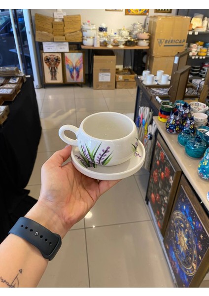 2 Kişilik El Yapımı Lavanta Desenli Seramik Kupa Takımı - Çay Kahve Sunum Seti