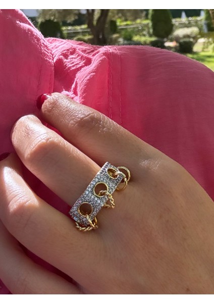 Taşlı Çift Renk Halka Sallantılı Yüzük