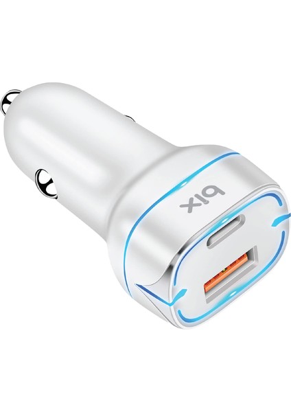 Bix 38W Usb-C 2 Port Araç Içi Hızlı Şarj Aleti Samsung Pps Destekli Akım Korumalı Güç Adaptörü Çakmaklık iPhone & Android & iPad Type-C Pd 3.0 20W + Qc 3.0 18W