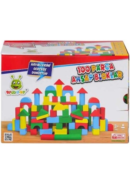 100 Parça Ahşap Blok Seti Renkli Eğitici Öğretici Oyun Blokları 3+ Yaş 22X15X9 cm
