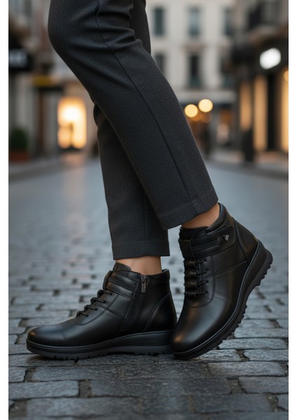 Siyah Hakiki Deri Fermuarlı Kadın Düz Bot modelleri