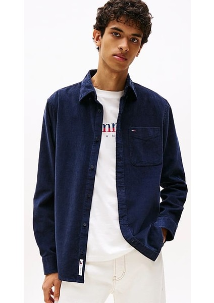 Erkek Regular Kalıp Ince Fitilli Kadife Gömlek - Lacivert