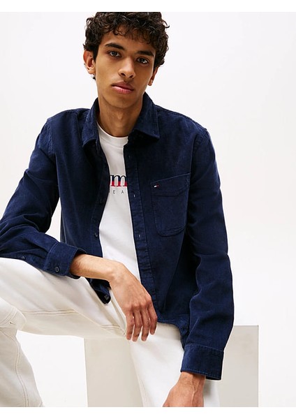 Erkek Regular Kalıp Ince Fitilli Kadife Gömlek - Lacivert fırsatları