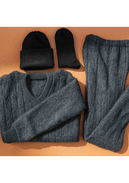 Içlik Pijama Takımı Doğal Yünden Yapılmış Kalın Kışlık Içlik Takımı Kollu Üst Pijama Tayt Bere Çorap