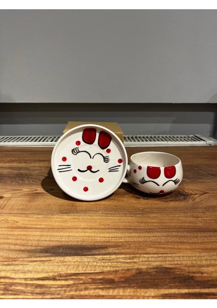 2 Kişilik El Yapımı Kedi Desenli Seramik Kupa Takımı - Çay Kahve Sunum Seti