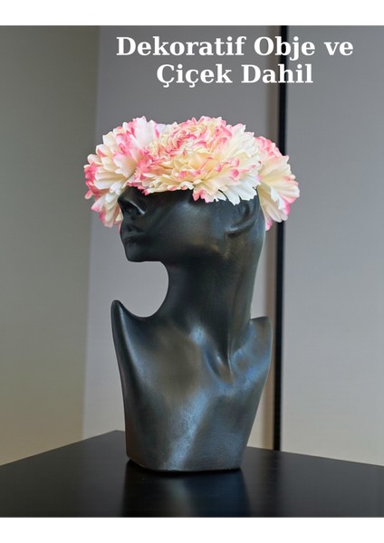 Dekoratif Siyah Kafa Şekilli Beton Vazo ve Krizantem Yapay Çiçek Aranjmanı, Ev, Ofis ve Hediye Için Dekoratif Set