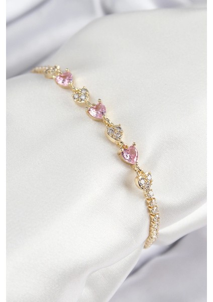 Bfs Pirinç Zirkon Taşlı Pembe Kalp Model Gold Renk Kadın Bileklik