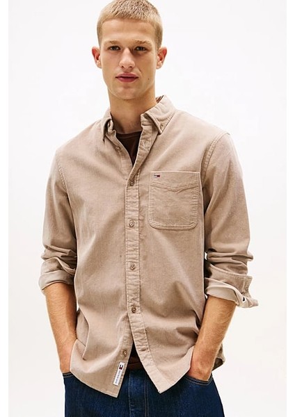 Erkek Regular Kalıp Ince Fitilli Kadife Gömlek - Bej
