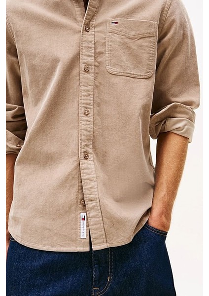 Erkek Regular Kalıp Ince Fitilli Kadife Gömlek - Bej fırsatları