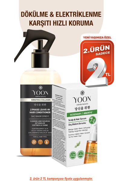 2'li Vegan Saç Spreyi ve Saç Serumu - 7 Doğal Aktif - Keratin ve Kolajen İçerikli - Saç Derisi ve Uçları İçin Bakım Seti