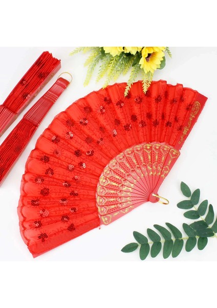 Plastik Pullu Kumaş Yelpaze 12'li Kırmızı ( Lisinya )