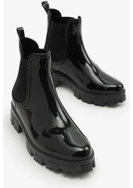 Siyah Yüksek Taban Kadın Su Geçirmez Yağmur Botu