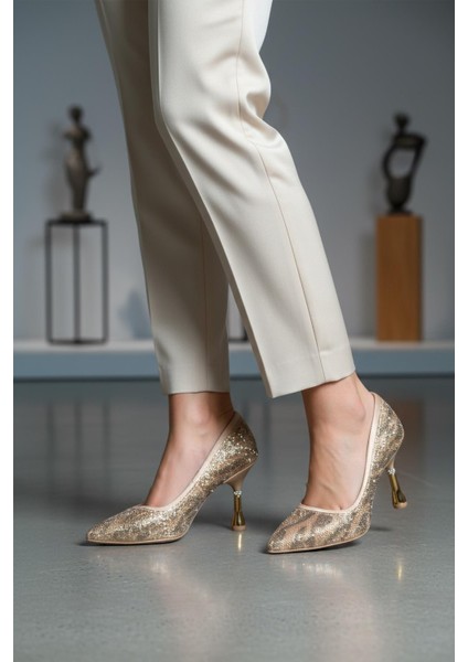248245 Z Bej Saten Taşlı Kadın Topuklu Ayakkabı