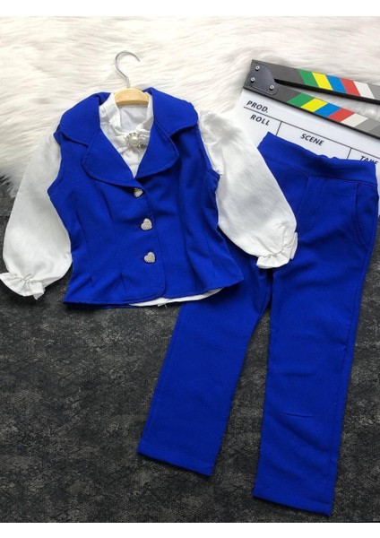 Kız Çocuk 3'lü Takım - Yelek - Gömlek- Pantolon + Broş Hediye