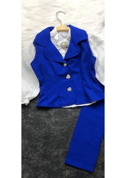 Kız Çocuk 3'lü Takım - Yelek - Gömlek- Pantolon + Broş Hediye