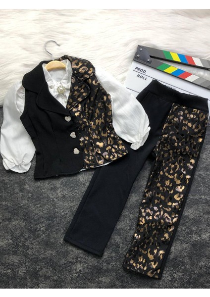 Kız Çocuk 3'lü Takım - Yelek - Gömlek- Pantolon + Broş Hediye