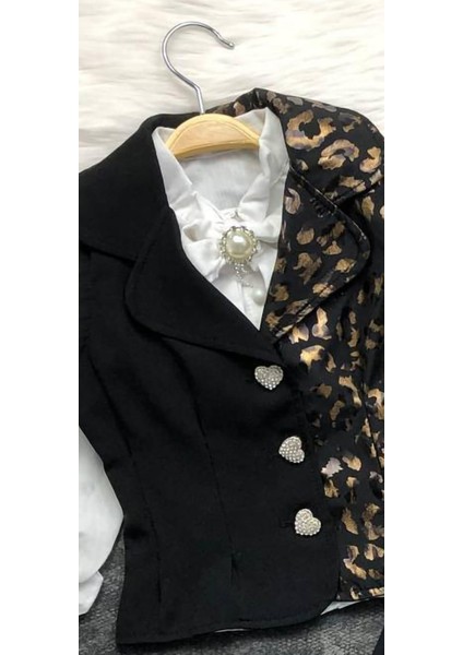 Kız Çocuk 3'lü Takım - Yelek - Gömlek- Pantolon + Broş Hediye