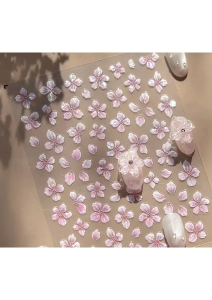 Pembe Çiçekli Holografik Etkili Tırnak Süsleme Stickerı Nail Art Süslemeleri
