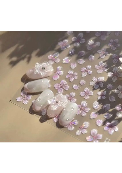 Pembe Çiçekli Holografik Etkili Tırnak Süsleme Stickerı Nail Art Süslemeleri modelleri
