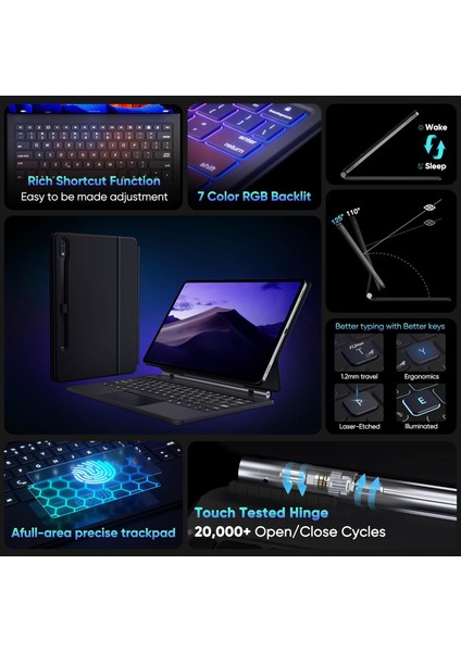 Samsung Galaxy Tab S10 Fe Plus 13.1 Inç Magic Keyboard Touchpad Rgb Işıklı Klavyeli Kılıf (SM-X620) modelleri